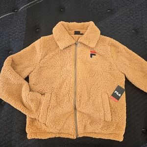 Fila Women's Tan/Brown Soft Fleece Sherpa Full Zip Collared Jacket Size Large